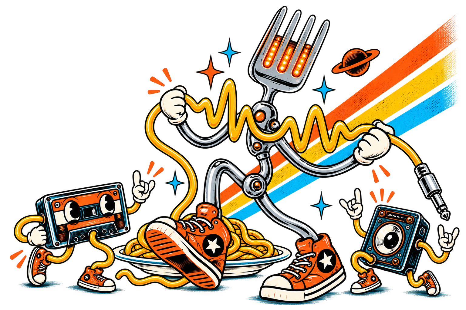 Cosmic Fork stretches a golden noodle waveform, joined by a cassette and speaker in orange sneakers.